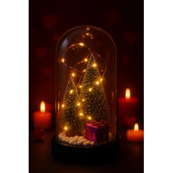 Yeni Yıl Hediye Led Işıklı Fanus İçinde 2 Çam Ağacı ve Hediye Temalı Noel Yılbaşı Gece Lambası
