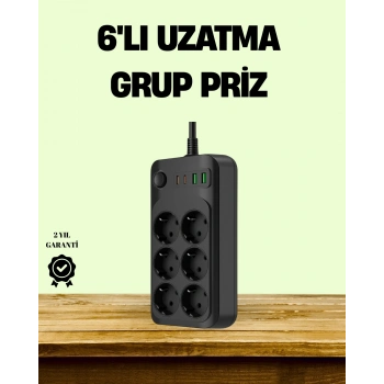 2500W Güçlü 6’lı Priz USB ve Type-C Çıkışlı Termal Korumalı