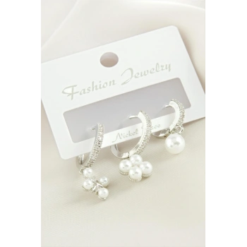 3 Adet Çiçek İnci Zirkon Taşlı Küpe