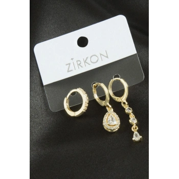 3 Adet Damla Zirkon Taşlı Küpe