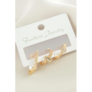 3 Adet Dikdörtgen İnci Zirkon Taşlı Küpe