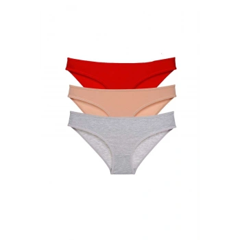 3 adet Eko Set Likralı Kadın Slip Külot Kırmızı Ten Gri
