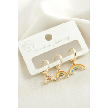 3 Adet Gökkuşağı Zirkon Taşlı Küpe