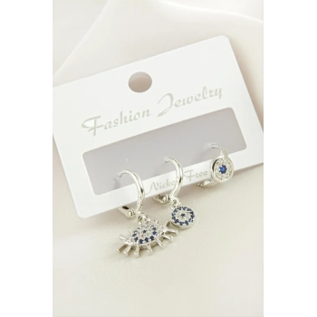 3 Adet Göz Nazar Zirkon Taşlı Küpe