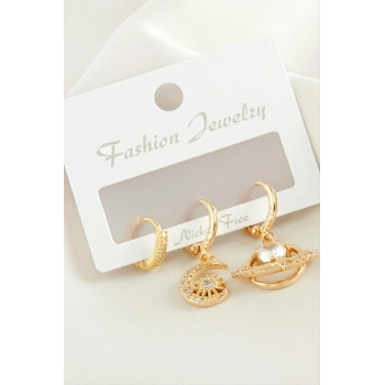 3 Adet Hilal Yıldız Zirkon Taşlı Küpe