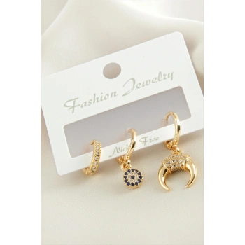 3 Adet Hilal Zirkon Taşlı Küpe