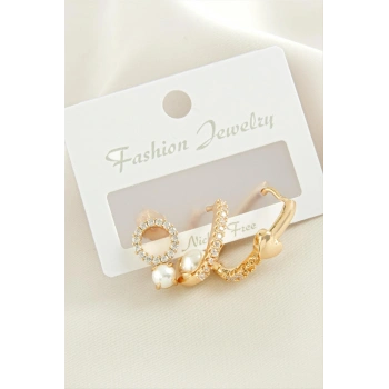 3 Adet Kalp İnci Zirkon Taşlı Küpe