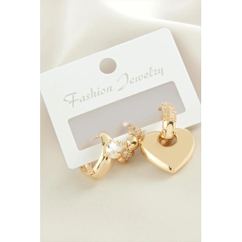 3 Adet Kalp  Zirkon Taşlı Küpe