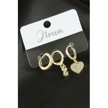 3 Adet Kalp Zirkon Taşlı Küpe