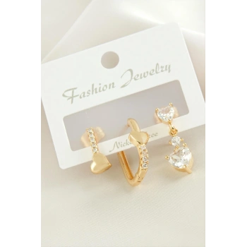 3 Adet Kalp Zirkon Taşlı Küpe