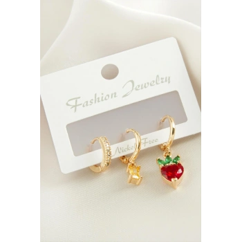 3 Adet Kalp Zirkon Taşlı Küpe