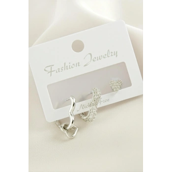 3 Adet Kalp Zirkon Taşlı Küpe