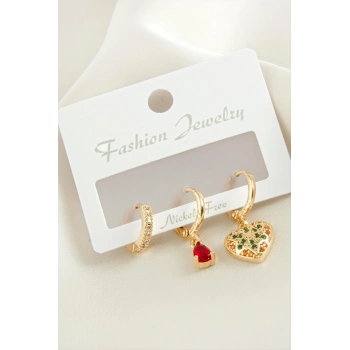 3 Adet Kalp Zirkon Taşlı Küpe