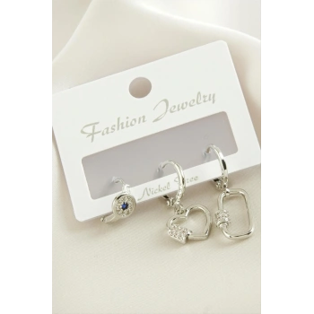 3 Adet Kalp Zirkon Taşlı Küpe