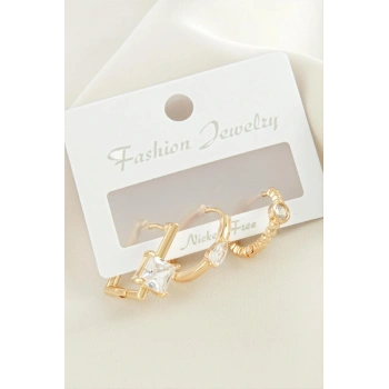 3 Adet Kare Zirkon Taşlı Küpe