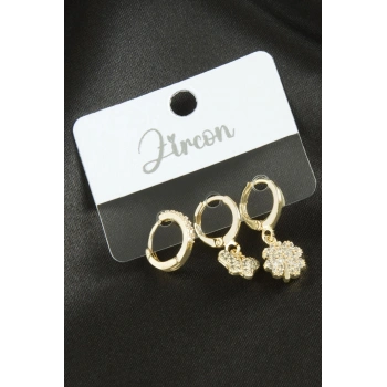 3 Adet Kelebek Yonca Zirkon Taşlı Küpe