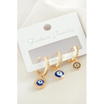 3 Adet Nazar Zirkon Taşlı Küpe