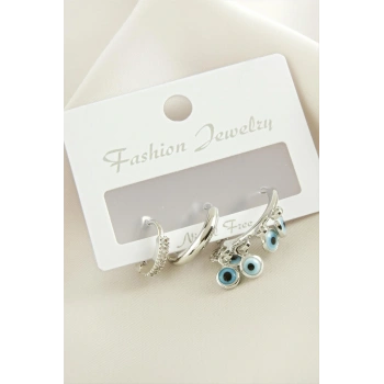 3 Adet Nazar Zirkon Taşlı Küpe