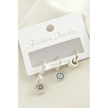 3 Adet Nazar Zirkon Taşlı Küpe