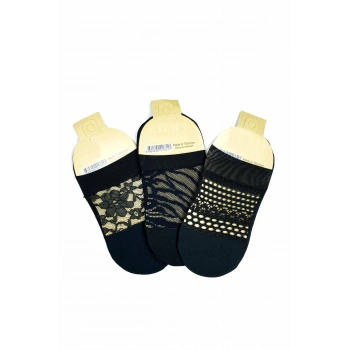 3 Adet Önü Transparan Kadın Fantezi Desenli Babet Çorap