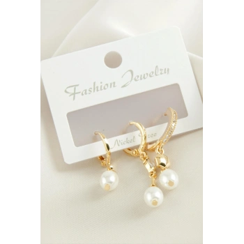 3 Adet Oval İnci Zirkon Taşlı Küpe