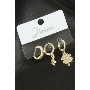 3 Adet Yonca Zirkon Taşlı Küpe