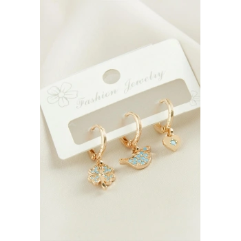 3 Adet Yonca Zirkon Taşlı Küpe