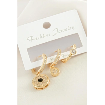 3 Adet Yuvarlak Zirkon Taşlı Küpe