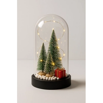 3 Çam Ağacı ve Hediye Temalı Led Işıklı Fanus İçinde  Yeni Yıl Hediye Noel Yılbaşı Gece Lambası
