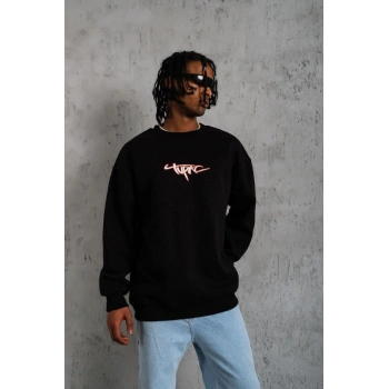 3 İplik Gangster Baskılı Sweatshirt - Siyah -