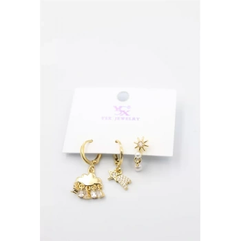 3lü Bulut Küpe - Altın