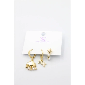 3lü Bulut Küpe - Altın