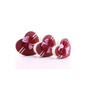 3 Lü Set Kalp Şeklinde Kurdeleli Karton Kutu Kırmızı - Bej