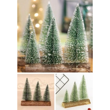 3 Lü Set Nevada Mini Çam Ağaçları Meşe Kütük Üzerinde Yılbaşı Hediyesi  16-12-10  cm