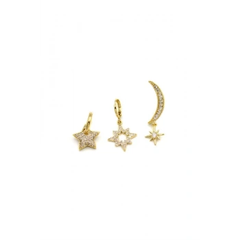 3lü Taşlı Halka Küpe - Altın