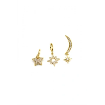 3lü Taşlı Halka Küpe - Altın