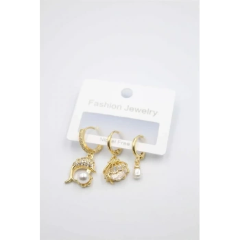 3lü Yunus Balığı Küpe - Altın