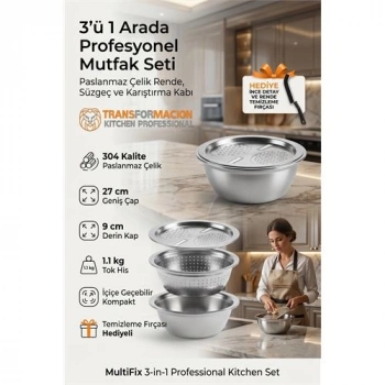 3ü 1 Arada Profesyonel Mutfak Seti - Paslanmaz Çelik Rende, Süzgeç ve Karıştırma Kabı (27 cm) 723296