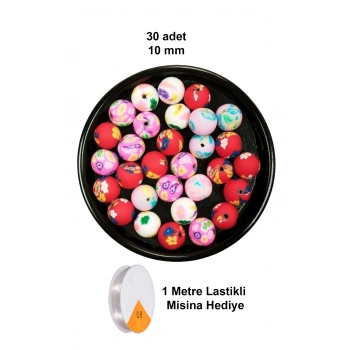 30 Adet 10 mm Polimer Kil Fimo Boncuk Takı Bileklik + 1 Metre Lastikli Misina Hediye - Desenli Yuvarlak
