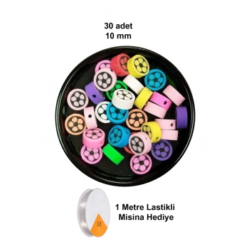 30 Adet 10 mm Polimer Kil Fimo Boncuk Takı Bileklik + 1 Metre Lastikli Misina Hediye - Renkli Çiçek