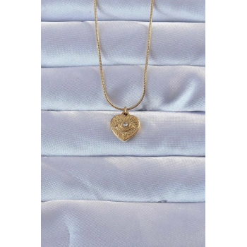 316L Altın Renk Zirkon Taşlı İşlemeli Göz Detay Kalp Kolye - TJ-BKO9286