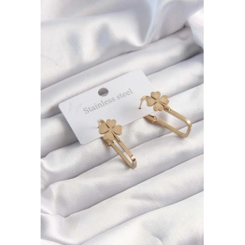 316L Çelik Altın Renk Geometrik Yonca Model Küpe - TJ-BKP9495