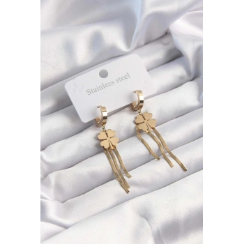 316L Çelik Altın Renk İtalyan Zincirli Yonca Model Halka Küpe - TJ-BKP9494