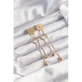 316L Çelik Altın Renk Sallantılı Düğüm Model Papatya Küpe - TJ-BKP9497