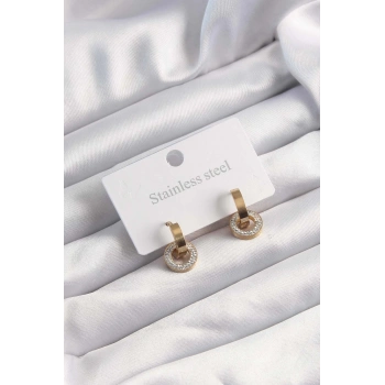 316L Çelik Altın Renk Zirkon Taşlı Halka Model Küpe - TJ-BKP9499