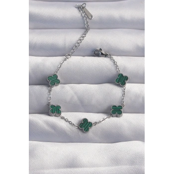 316L Çelik Baby Boy Gümüş Renk Çizgili Yeşil Mineli Yonca Bileklik - TJ-BB6270