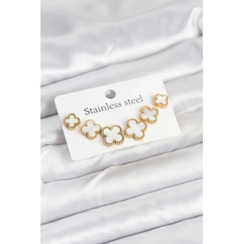 316L Çelik Gold Beyaz Renk 3 Boy Yonca Küpe Seti - TJ-BKP11237