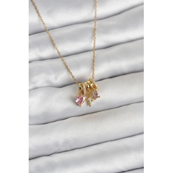 316L Çelik Gold Pembe Zirkon Taşlı Charmlı Kadın Kolye - TJ-BKO11011