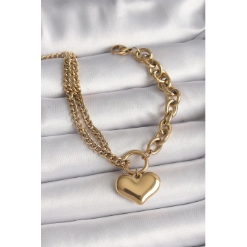 316L Çelik Gold Renk 2Li Zincir Model Kalp Figür Kadın Bileklik - TJ-BB6727