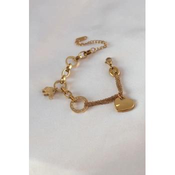 316L Çelik Gold Renk 2li Zincir Model Zirkon Taş Detay Kadın Bileklik - TJ-BB5457